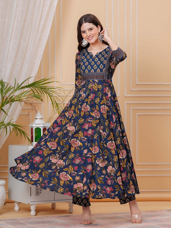 Berry Blue Pure Cotton Floral Round Neck Flared Kurta, Pant & Dupatta Set For Women Mizazjaipur