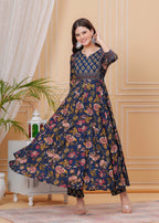 Berry Blue Pure Cotton Floral Round Neck Flared Kurta, Pant & Dupatta Set For Women Mizazjaipur