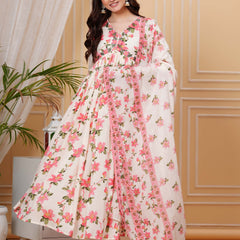Light Pink Pure Cotton Floral V Neck Flared Kurta, Pant & Dupatta Set For Women Mizaz Jaipur