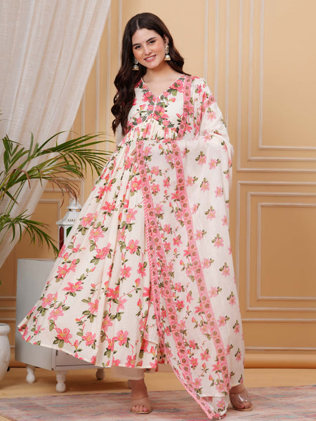 Light Pink Pure Cotton Floral V Neck Flared Kurta, Pant & Dupatta Set For Women Mizaz Jaipur