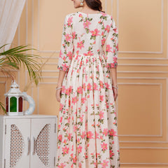 Light Pink Pure Cotton Floral V Neck Flared Kurta, Pant & Dupatta Set For Women Mizaz Jaipur