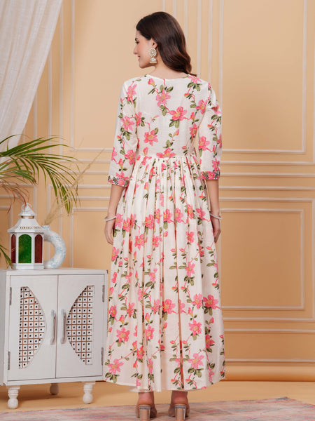 Light Pink Pure Cotton Floral V Neck Flared Kurta, Pant & Dupatta Set For Women Mizaz Jaipur