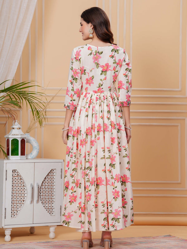 Light Pink Pure Cotton Floral V Neck Flared Kurta, Pant & Dupatta Set For Women Mizaz Jaipur
