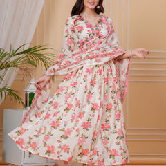 Light Pink Pure Cotton Floral V Neck Flared Kurta, Pant & Dupatta Set For Women Mizaz Jaipur