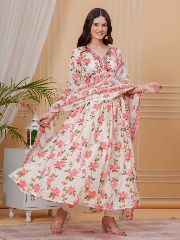 Light Pink Pure Cotton Floral V Neck Flared Kurta, Pant & Dupatta Set For Women Mizaz Jaipur
