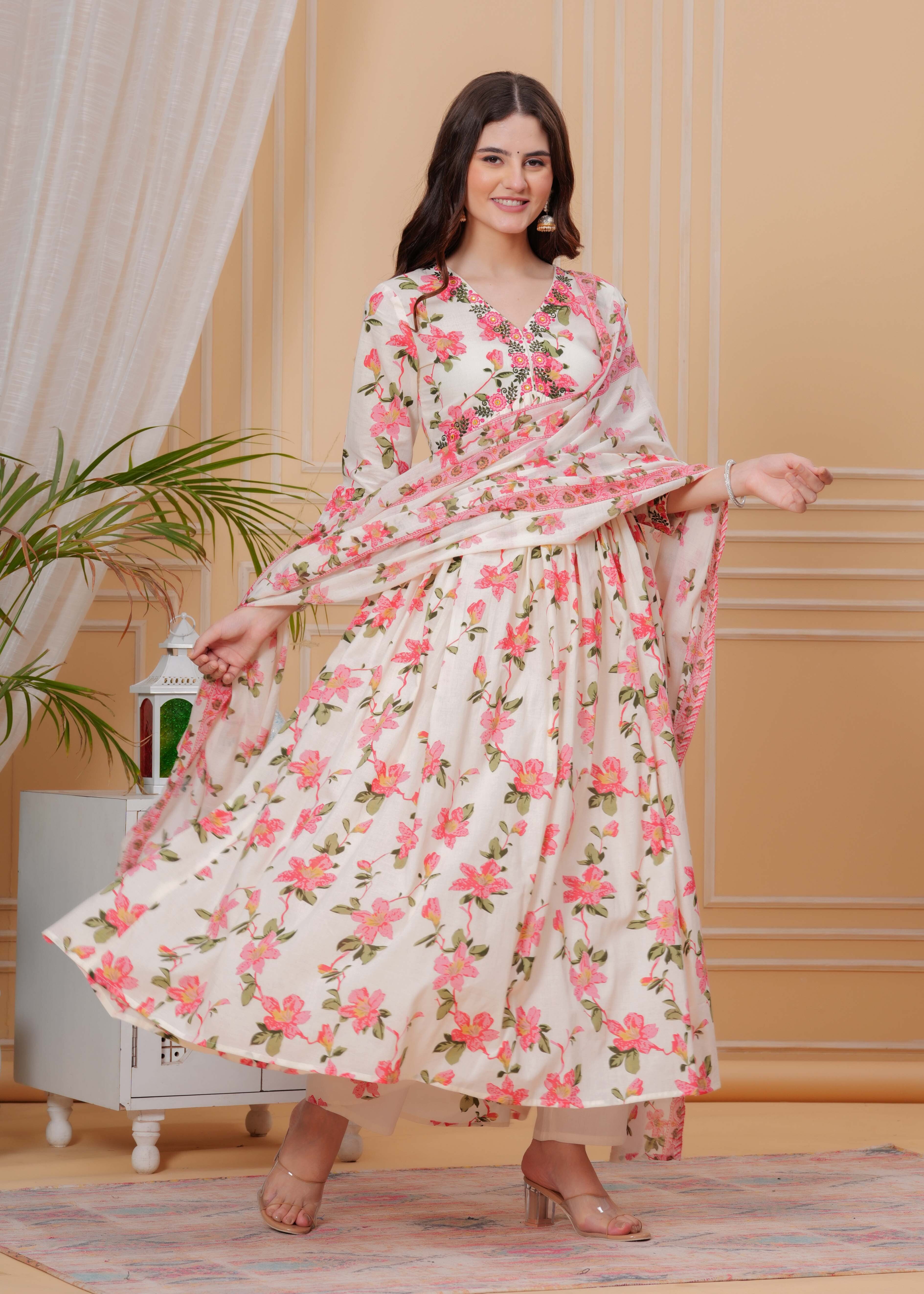 Light Pink Pure Cotton Floral V Neck Flared Kurta, Pant & Dupatta Set For Women Mizaz Jaipur