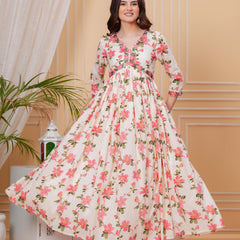 Light Pink Pure Cotton Floral V Neck Flared Kurta, Pant & Dupatta Set For Women Mizaz Jaipur
