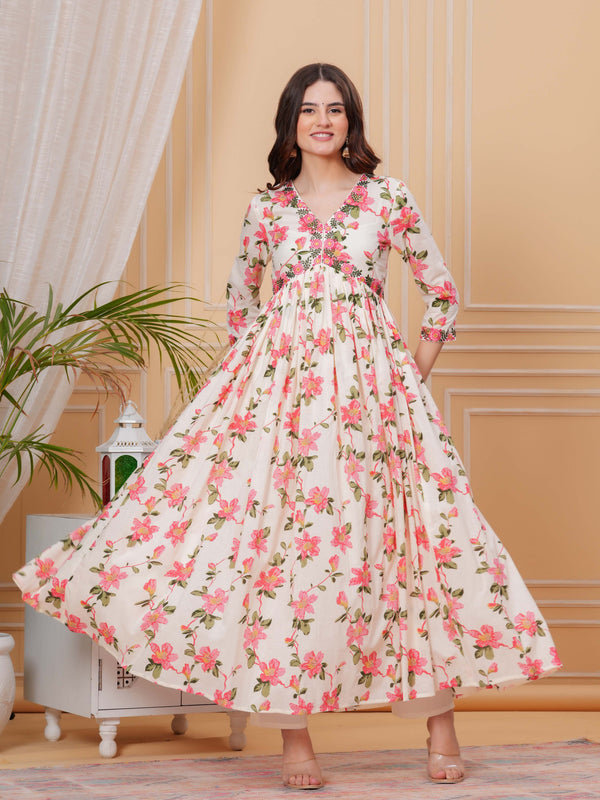 Light Pink Pure Cotton Floral V Neck Flared Kurta, Pant & Dupatta Set For Women Mizaz Jaipur