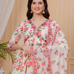 Light Pink Pure Cotton Floral V Neck Flared Kurta, Pant & Dupatta Set For Women Mizaz Jaipur