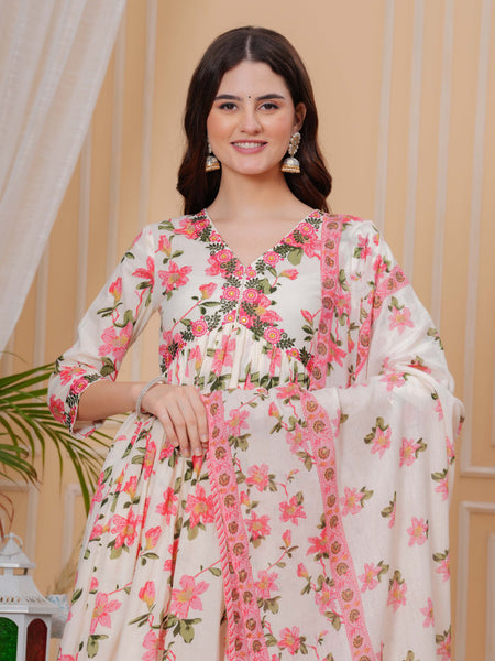 Light Pink Pure Cotton Floral V Neck Flared Kurta, Pant & Dupatta Set For Women Mizaz Jaipur