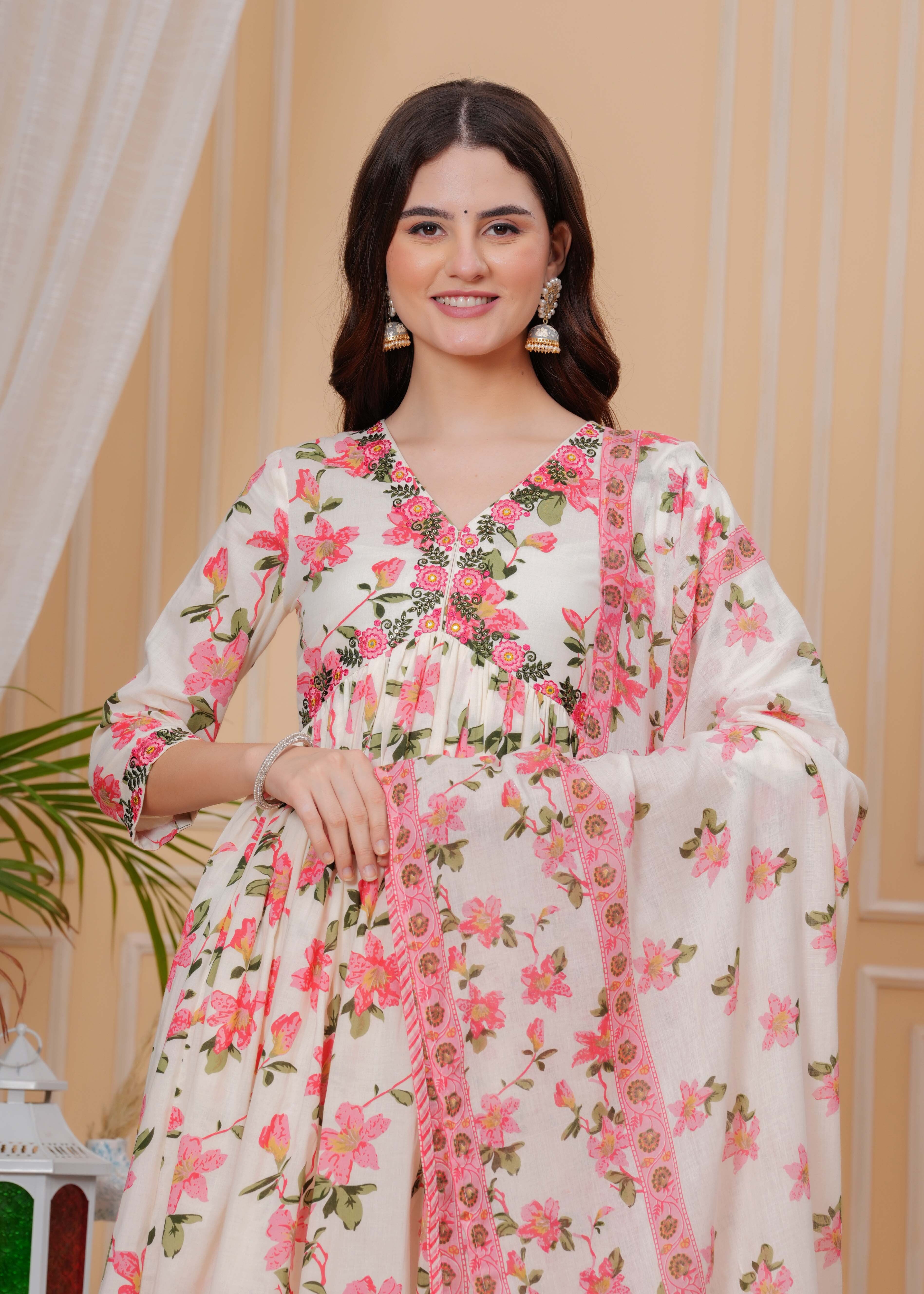 Light Pink Pure Cotton Floral V Neck Flared Kurta, Pant & Dupatta Set For Women Mizaz Jaipur
