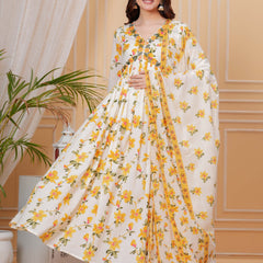 Mustard Pure Cotton Floral V Neck Flared Kurta, Pant & Dupatta Set For Women Mizaz Jaipur