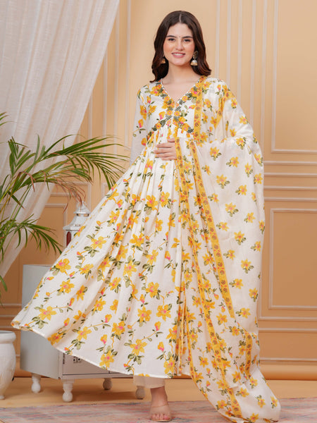 Mustard Pure Cotton Floral V Neck Flared Kurta, Pant & Dupatta Set For Women Mizaz Jaipur