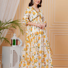 Mustard Pure Cotton Floral V Neck Flared Kurta, Pant & Dupatta Set For Women Mizaz Jaipur
