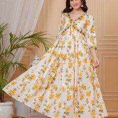 Mustard Pure Cotton Floral V Neck Flared Kurta, Pant & Dupatta Set For Women Mizaz Jaipur