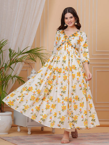 Mustard Pure Cotton Floral V Neck Flared Kurta, Pant & Dupatta Set For Women Mizaz Jaipur