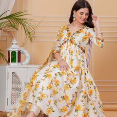 Mustard Pure Cotton Floral V Neck Flared Kurta, Pant & Dupatta Set For Women Mizaz Jaipur