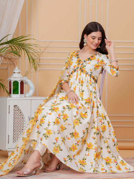 Mustard Pure Cotton Floral V Neck Flared Kurta, Pant & Dupatta Set For Women Mizaz Jaipur