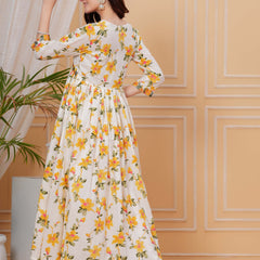 Mustard Pure Cotton Floral V Neck Flared Kurta, Pant & Dupatta Set For Women Mizaz Jaipur