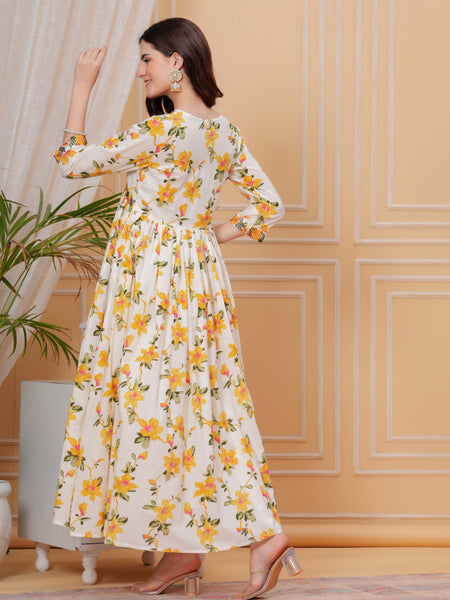 Mustard Pure Cotton Floral V Neck Flared Kurta, Pant & Dupatta Set For Women Mizaz Jaipur