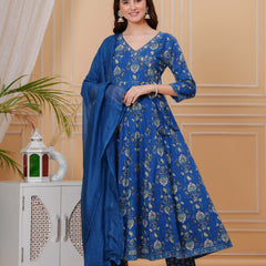 Blue Pure Cotton Floral V Neck Angrakha Kurta, Pant & Dupatta Set For Women Mizaz Jaipur