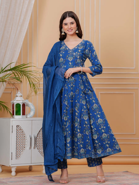 Blue Pure Cotton Floral V Neck Angrakha Kurta, Pant & Dupatta Set For Women Mizaz Jaipur