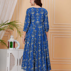 Blue Pure Cotton Floral V Neck Angrakha Kurta, Pant & Dupatta Set For Women Mizaz Jaipur