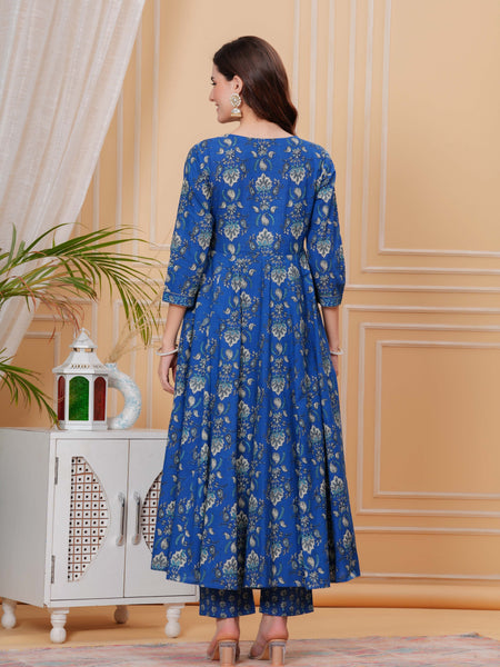 Blue Pure Cotton Floral V Neck Angrakha Kurta, Pant & Dupatta Set For Women Mizaz Jaipur
