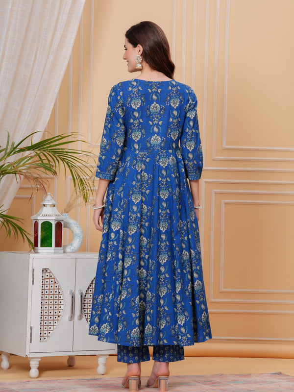Blue Pure Cotton Floral V Neck Angrakha Kurta, Pant & Dupatta Set For Women Mizaz Jaipur