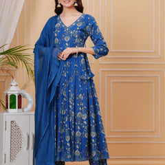 Blue Pure Cotton Floral V Neck Angrakha Kurta, Pant & Dupatta Set For Women Mizaz Jaipur