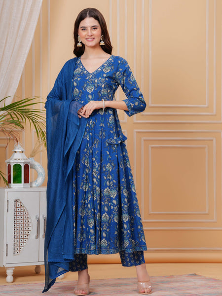 Blue Pure Cotton Floral V Neck Angrakha Kurta, Pant & Dupatta Set For Women Mizaz Jaipur