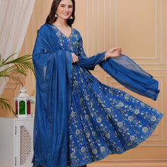 Blue Pure Cotton Floral V Neck Angrakha Kurta, Pant & Dupatta Set For Women Mizaz Jaipur