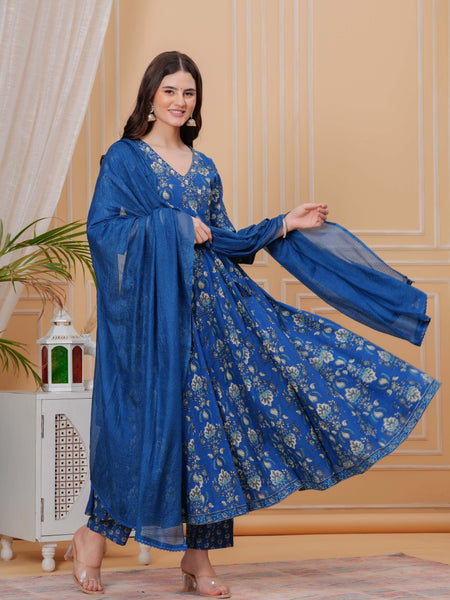 Blue Pure Cotton Floral V Neck Angrakha Kurta, Pant & Dupatta Set For Women Mizaz Jaipur