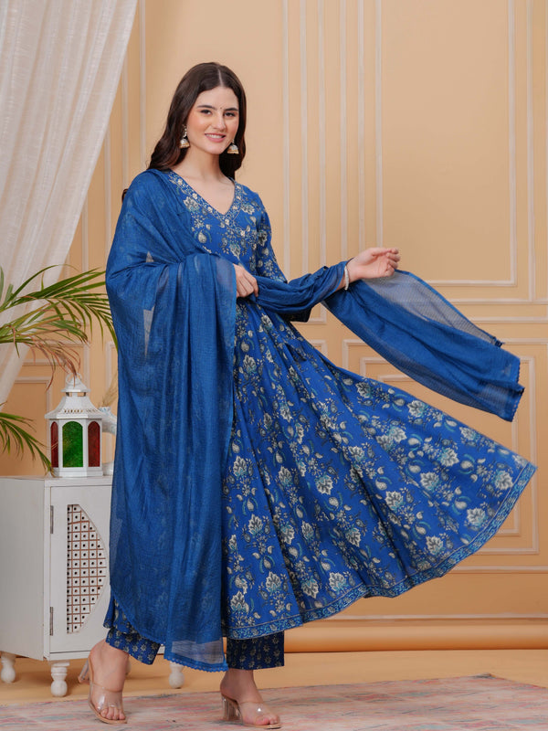 Blue Pure Cotton Floral V Neck Angrakha Kurta, Pant & Dupatta Set For Women Mizaz Jaipur