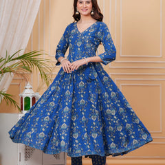 Blue Pure Cotton Floral V Neck Angrakha Kurta, Pant & Dupatta Set For Women Mizaz Jaipur