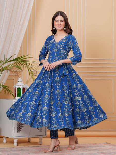 Blue Pure Cotton Floral V Neck Angrakha Kurta, Pant & Dupatta Set For Women Mizaz Jaipur