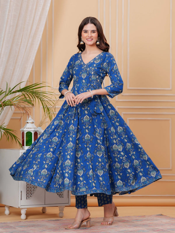 Blue Pure Cotton Floral V Neck Angrakha Kurta, Pant & Dupatta Set For Women Mizaz Jaipur