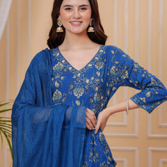 Blue Pure Cotton Floral V Neck Angrakha Kurta, Pant & Dupatta Set For Women Mizaz Jaipur