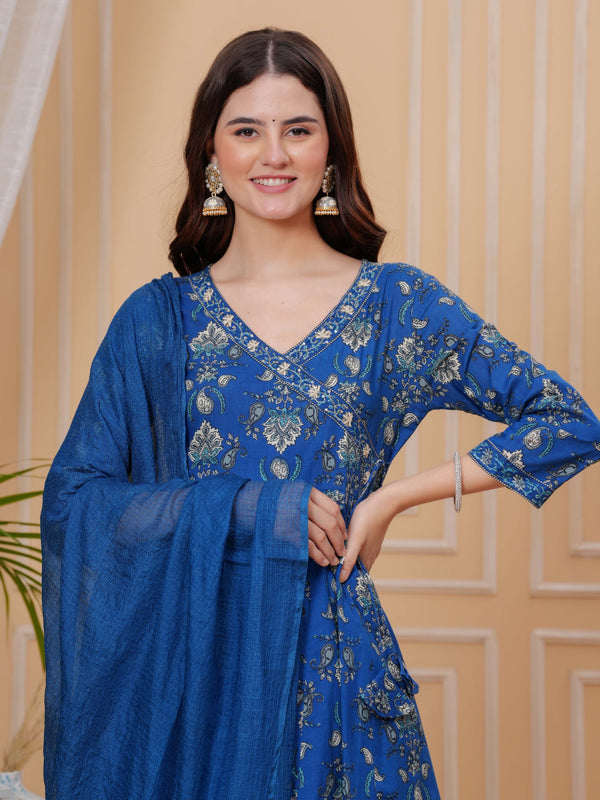 Blue Pure Cotton Floral V Neck Angrakha Kurta, Pant & Dupatta Set For Women Mizaz Jaipur