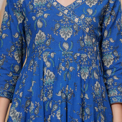 Blue Pure Cotton Floral V Neck Angrakha Kurta, Pant & Dupatta Set For Women Mizaz Jaipur