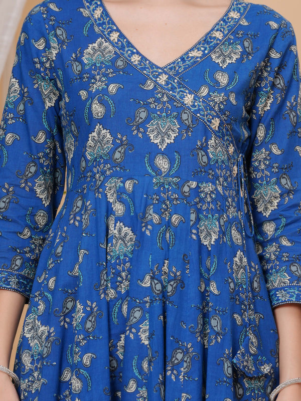 Blue Pure Cotton Floral V Neck Angrakha Kurta, Pant & Dupatta Set For Women Mizaz Jaipur