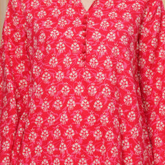 Red Pure Cotton 3/4 Sleeve Mandarin Collar Floral Print Printed Top & Pant Co-Ord Set For Women Mizaz Jaipur