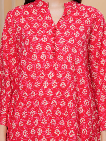 Red Pure Cotton 3/4 Sleeve Mandarin Collar Floral Print Printed Top & Pant Co-Ord Set For Women Mizaz Jaipur