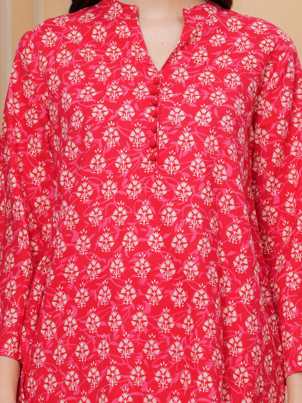 Red Pure Cotton 3/4 Sleeve Mandarin Collar Floral Print Printed Top & Pant Co-Ord Set For Women Mizaz Jaipur