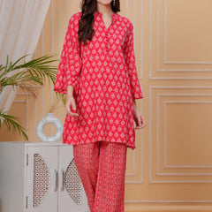 Red Pure Cotton 3/4 Sleeve Mandarin Collar Floral Print Printed Top & Pant Co-Ord Set For Women Mizaz Jaipur