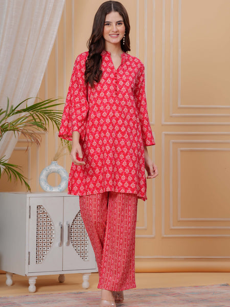 Red Pure Cotton 3/4 Sleeve Mandarin Collar Floral Print Printed Top & Pant Co-Ord Set For Women Mizaz Jaipur