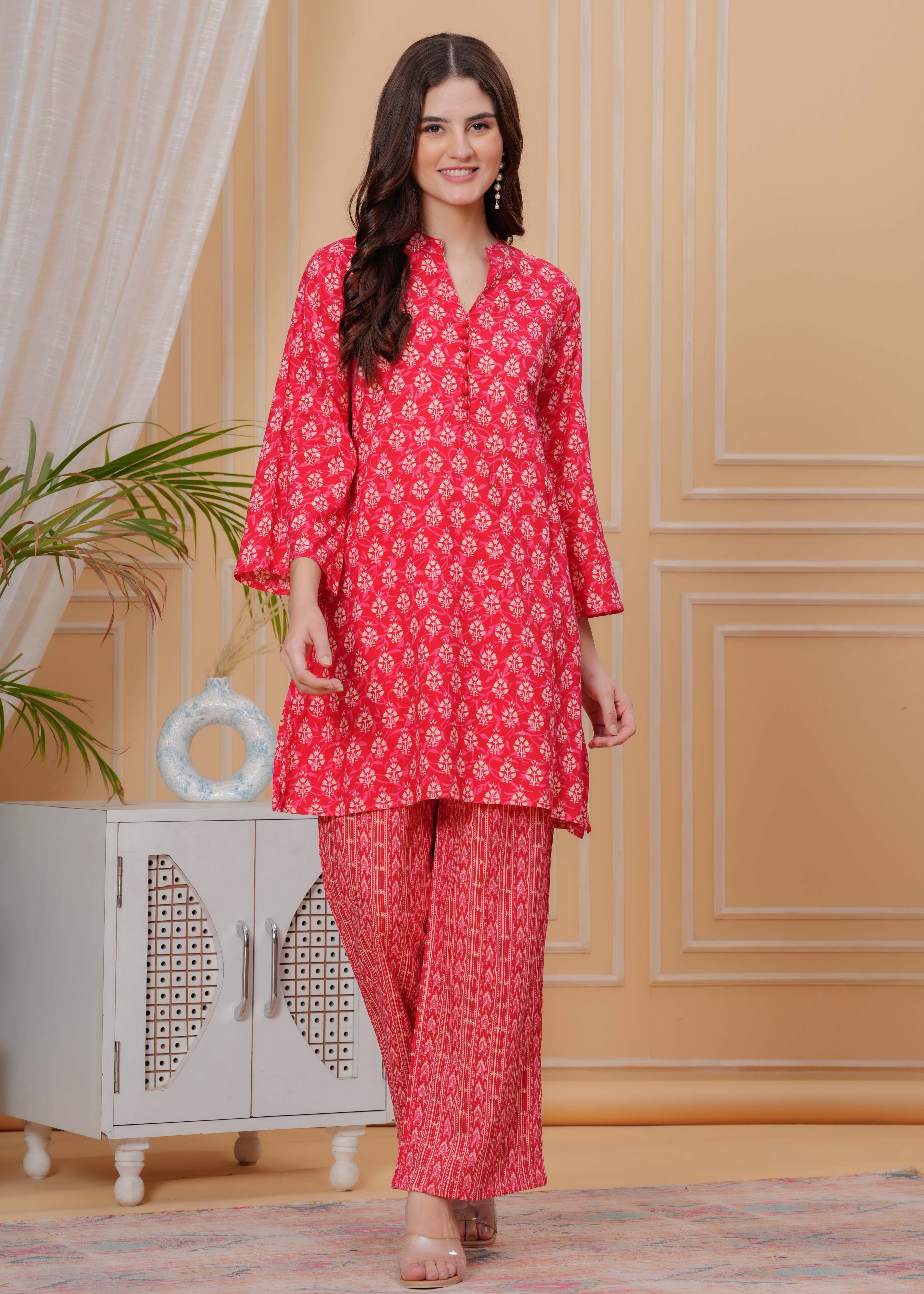 Red Pure Cotton 3/4 Sleeve Mandarin Collar Floral Print Printed Top & Pant Co-Ord Set For Women Mizaz Jaipur