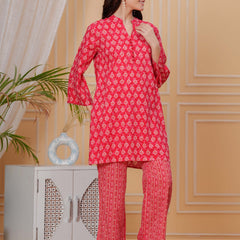 Red Pure Cotton 3/4 Sleeve Mandarin Collar Floral Print Printed Top & Pant Co-Ord Set For Women Mizaz Jaipur