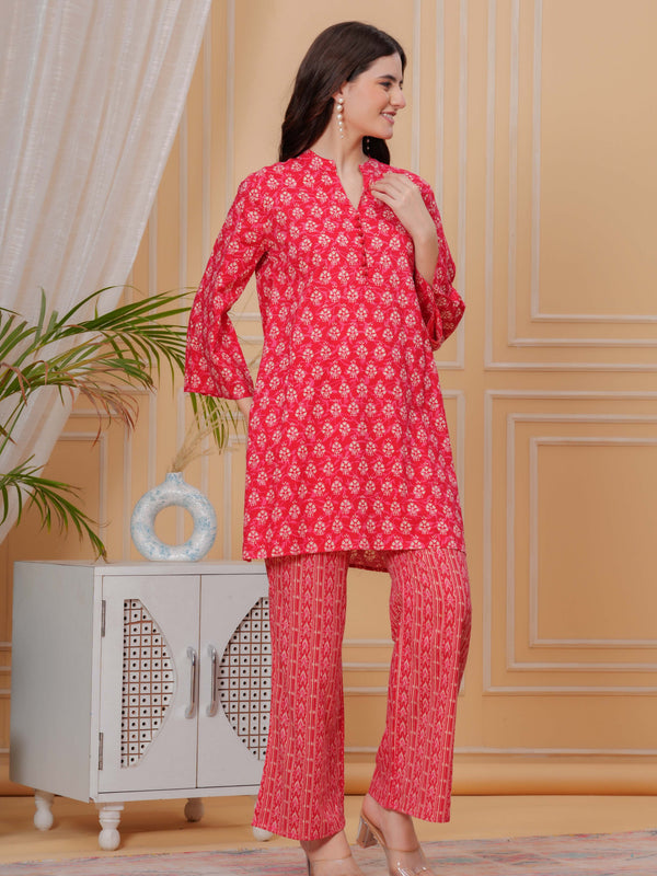 Red Pure Cotton 3/4 Sleeve Mandarin Collar Floral Print Printed Top & Pant Co-Ord Set For Women Mizaz Jaipur