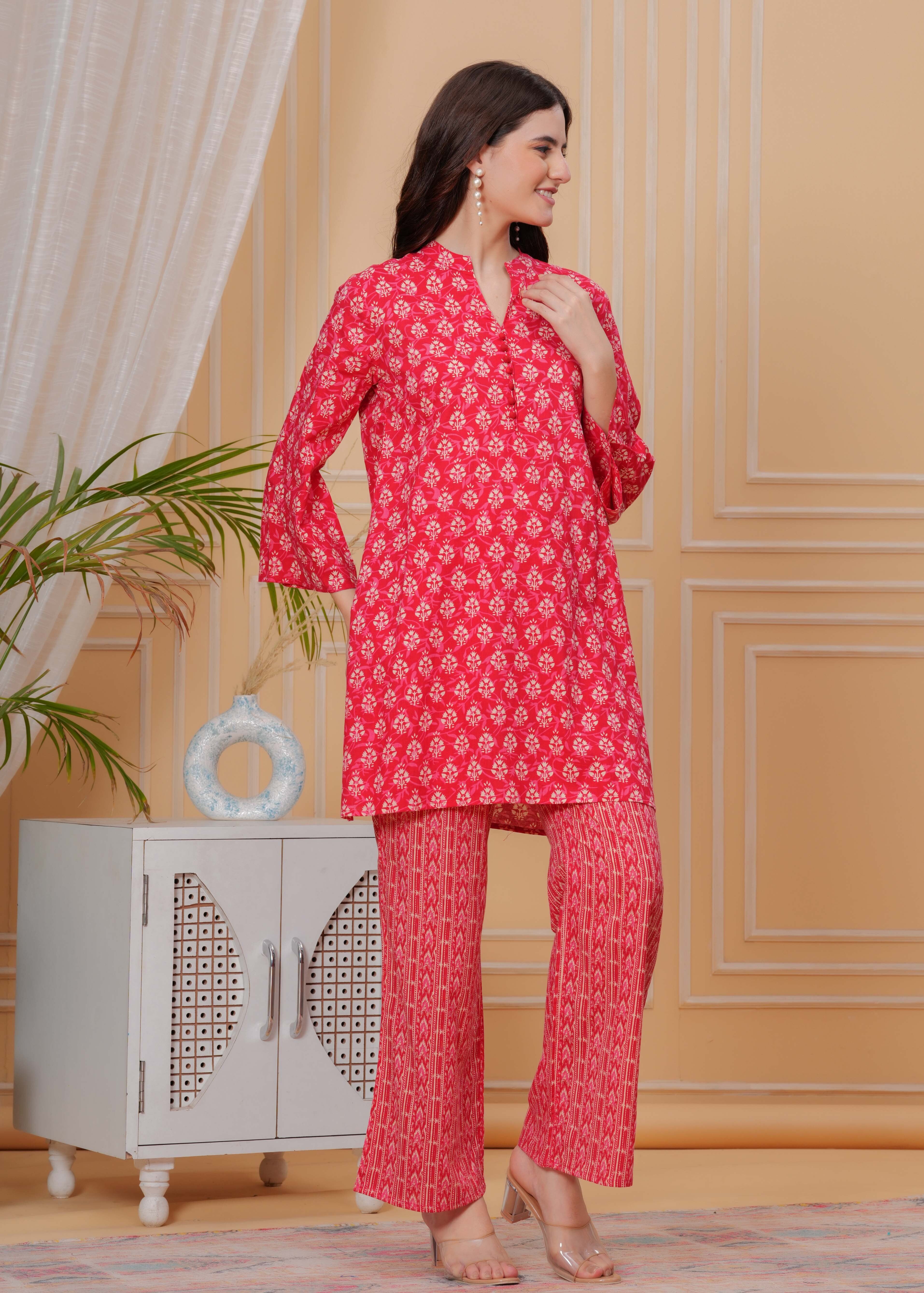 Red Pure Cotton 3/4 Sleeve Mandarin Collar Floral Print Printed Top & Pant Co-Ord Set For Women Mizaz Jaipur